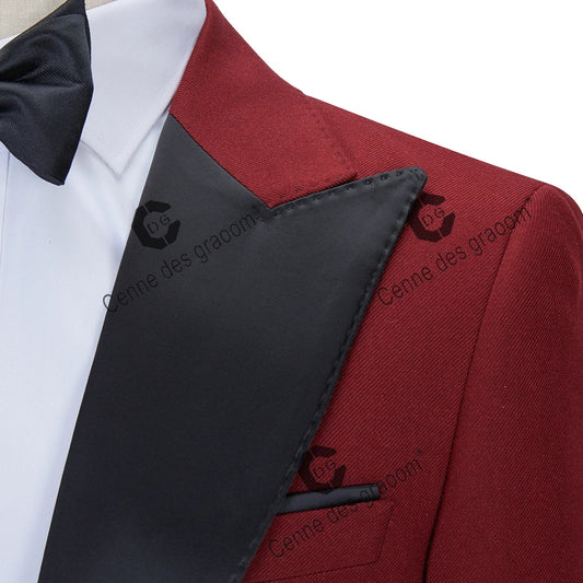 Cenne Des Graoom 2022 New Men Suits Satin Peak Lapel Tailor-Made Tuxedo 3 Pieces Red Burgundy Wedding Evening Dress Ropa Hombre