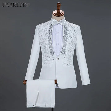 Ternos brancos de bordados de cristais brilhantes com calça noivo de casamento Tuxedo Men Stand Collar Stage traje Homme Mariage