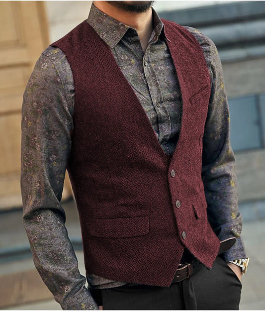 Slim Mens Vest Tweed Waistcoat Vest Vintage Herringbone V-neck Casual Wool Groomsmen Suits Vest For Wedding XS-5XL