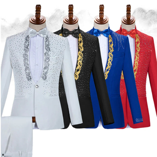 Autumn Slim Printed Wedding Men Suit Jacket Set For Marriage High Quality Stage Performance Host Formal Black Men Blazer