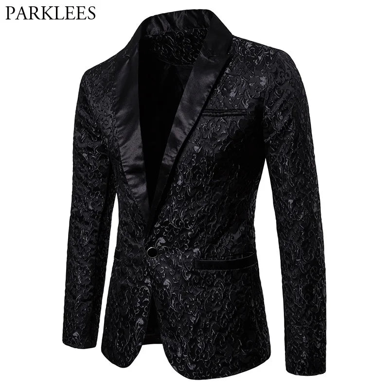 Black Jacquard Bronzing Floral Blazer Men 2022 Luxury Brand Bouton Single Suit Veste Men de mariage Costume de scène Homme 2xl