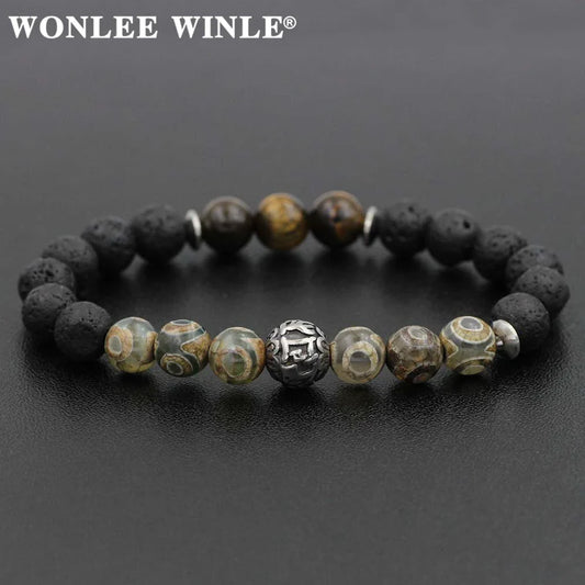 8mm Natural Stone Beaded Stretch Bracelets for Men&Women Stainless Steel Round Ball Charms Strand Bangles