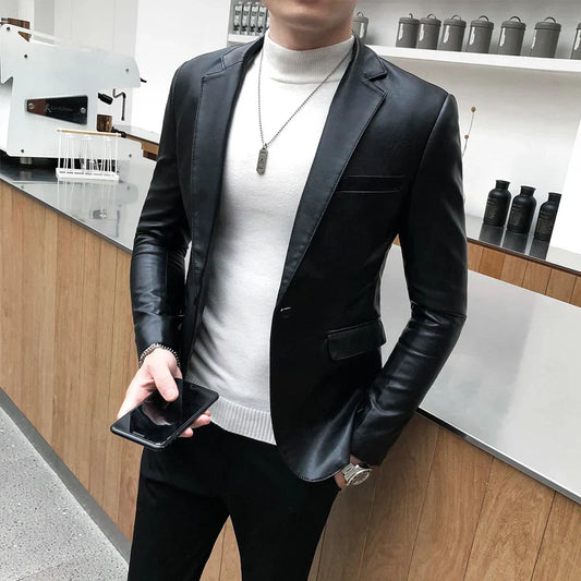 Brand clothing Fashion Men's High quality Casual leather jacket Male slim fit business leather Suit coats/Man Blazers S-5XL