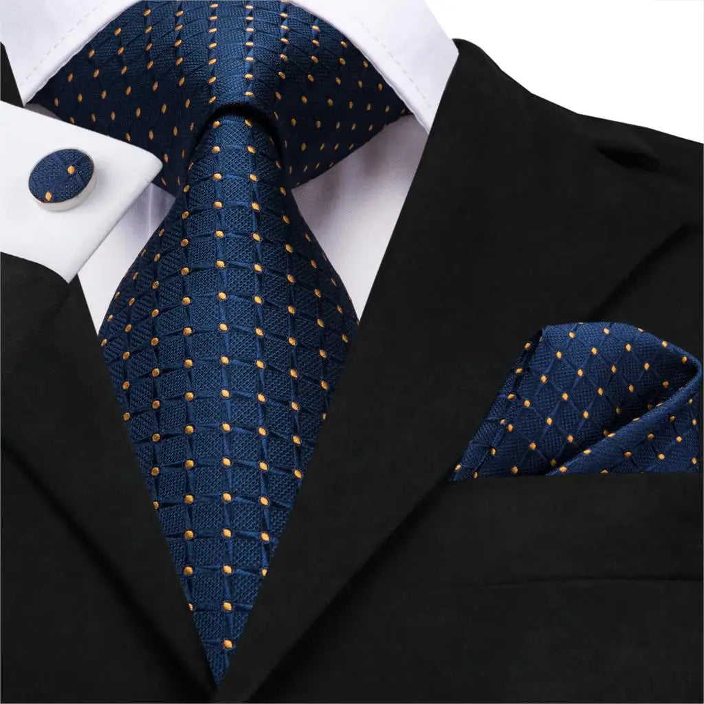 Cravate d'affaires pour hommes Silk Blue Tie Dots Coldie Set Plaid Cuffers de manchette pour mariage Business Tie 150cm Hi-Tie SN-3529 DropShipping