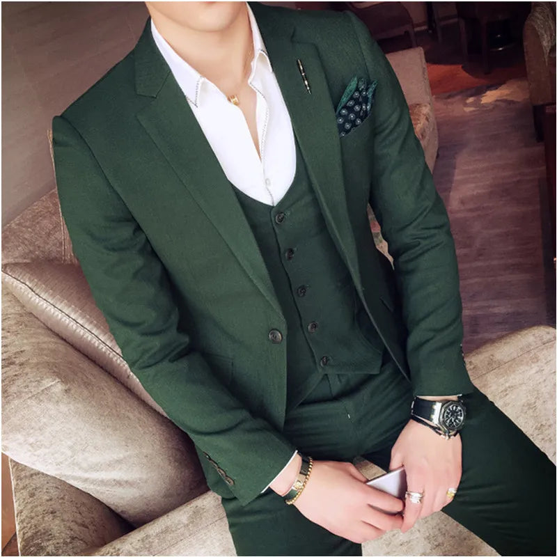 Dark Green Men Suits Slim (Jacket+Pants+Vest) Formal Notch Lapel Single Button Blazer Set Fashion Business Casual Suit 3 Piece