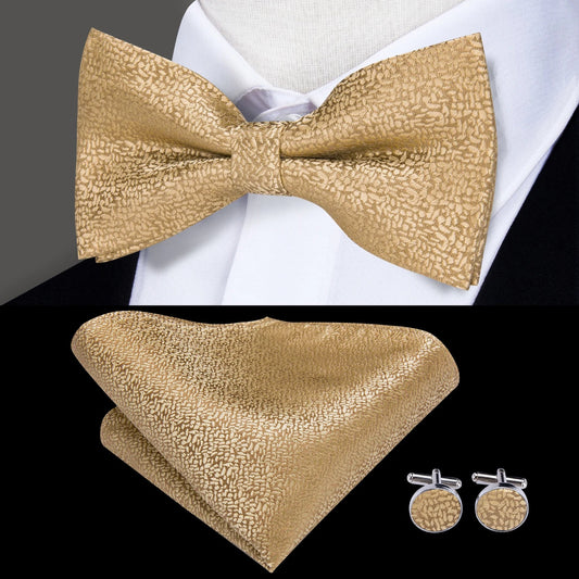 Hi-Tie Fashion Luxury Gold Business Wedding Bowties for Men Brooch Pocket Square Cufflinks Set Silk Bow Tie Necktie for Wedding