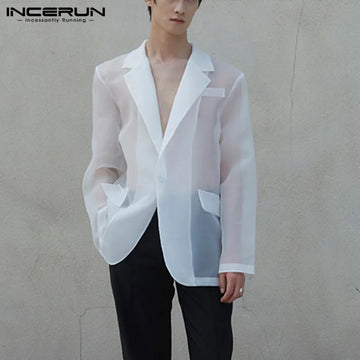 Fashion Men Mesh Blazers Transparent Lapel Long Sleeve Sexy Casual Coats 2023 One Button Streetwear Party Men Suit S-5XL INCERUN