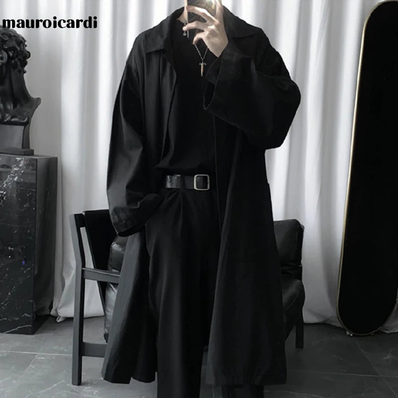Mauroicardi Spring Long Black Flowy Soft Trench Coat Men Loose Casual Dark Academia Aesthetic Clothes without Buttons 2025