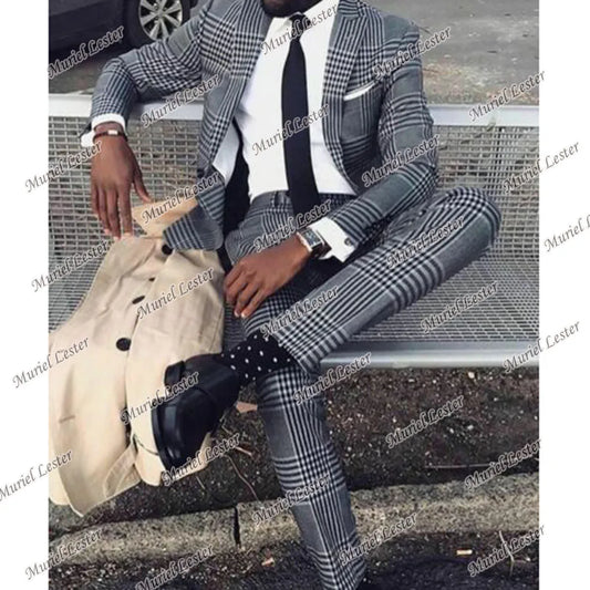 Classic Grey Plaid Check Wedding Suits For Men Single Brasted Jacket With Pants Groom Tuxedos 2 Pieces Formal Business Blazer