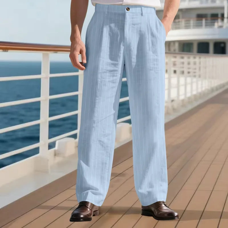 Men's Pinstripe Linen Pants Solid Color Loose Fit Half Elastic Waist Straight Leg Trousers Breathable Soft  For Summer Beach