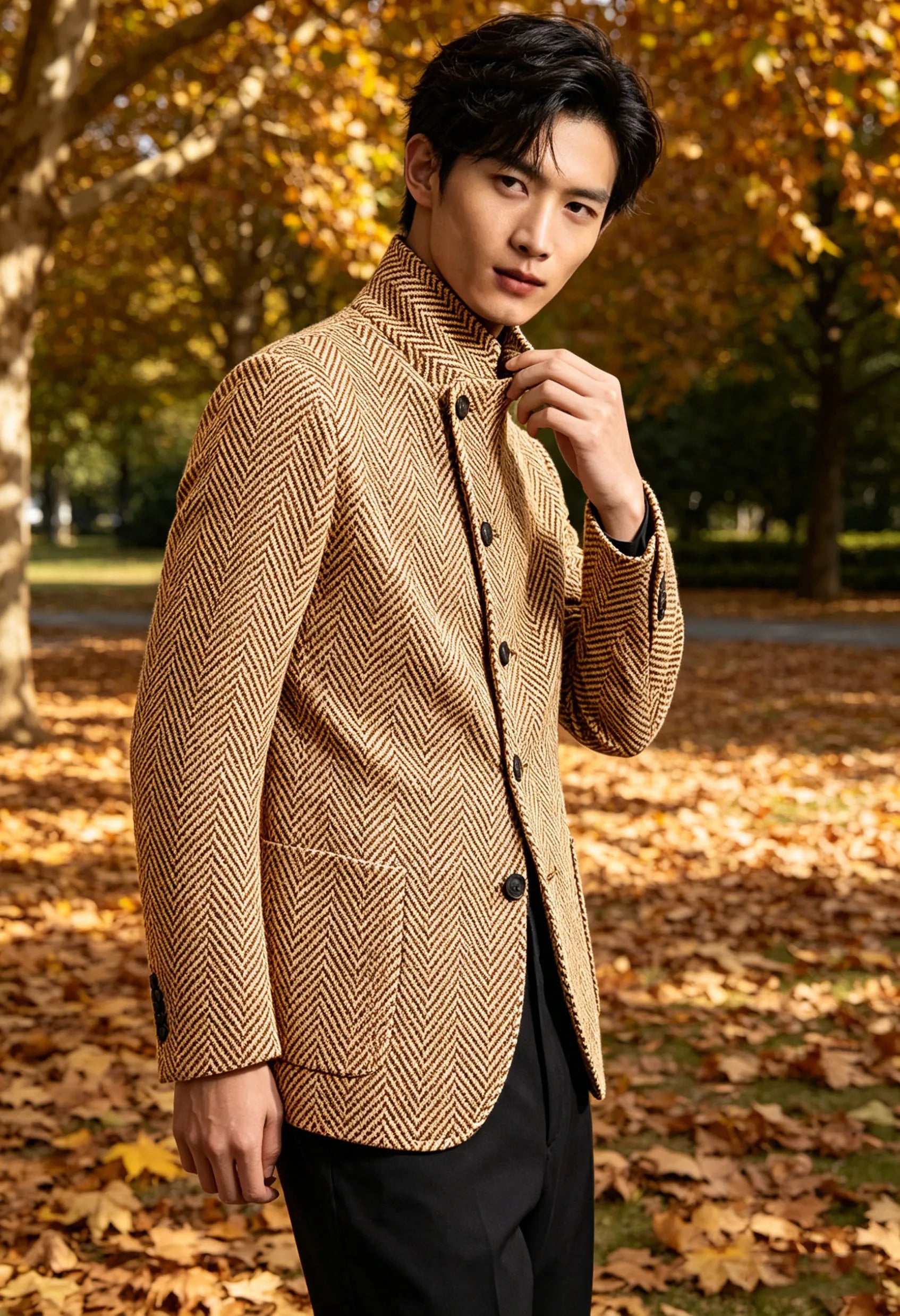 Vintage Men's Herringbone Jacket Stand Collar Slim Fit Wool Blend Formal Blazer Fashion British Style Sport Coat Business Casual