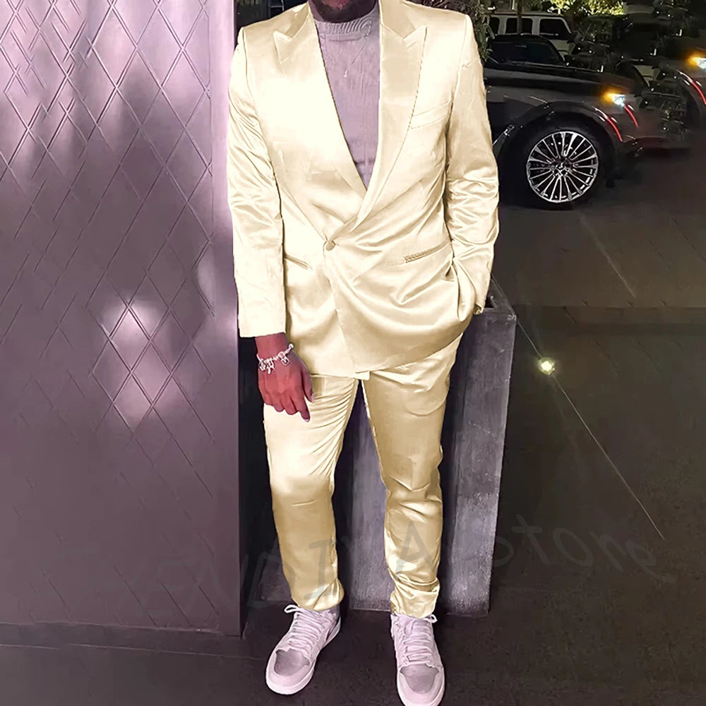 Silver Satin Men Suits 2 Piece Chic Peak Lapel Casual Daily Suit Single Button Formal Evening Party Tuxedo (Blazer+Pants)