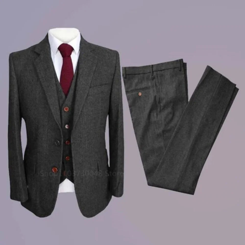 Men's Slim Fit Tweed Wool Wedding Suit Gray Spine Smoking Formal Jacket Vest - Wedding Groomsmen Attire Male Casual Wear