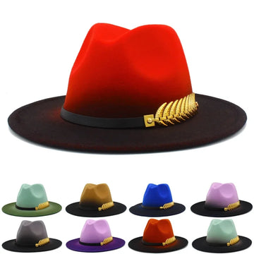 Fedora Hat Women Men Felt Hats Gradient Color Bowler Hat Wide Brim Design Luxury Casual Leather Belt Fedoras Chapeau Caps Blower