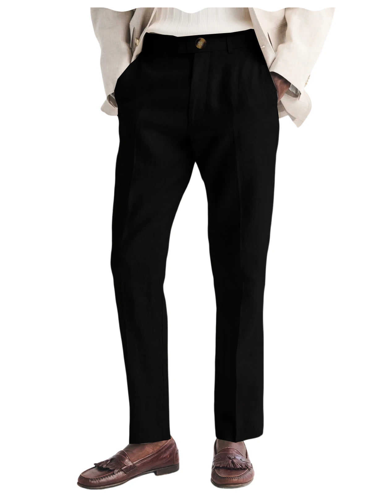 Men's Linen Straight Fit Pants Wrinkle-Resistant Lightweight Breathable Flat-Front Casual Trousers Expandable-Waist For Summer