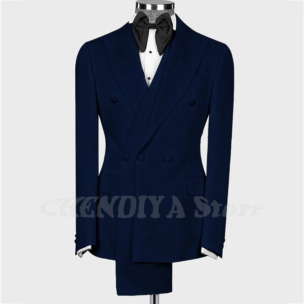 High Quality Man Suit Two Piece Peaked Lapel Slim Fit Jacket with Black Pants Formal Outfit Business Party Groom Wedding Set