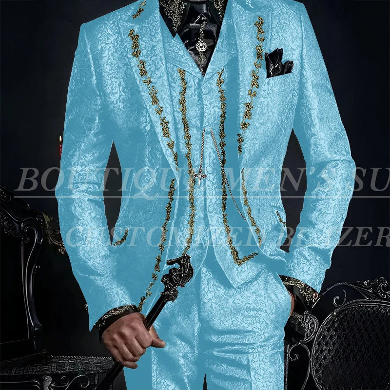 Elegant Black Jacquard Men Suits Embroidery Single Breasted Slim Fit 3 Piece Jacket Pants Vest Male Clothing Blazer Terno 2024