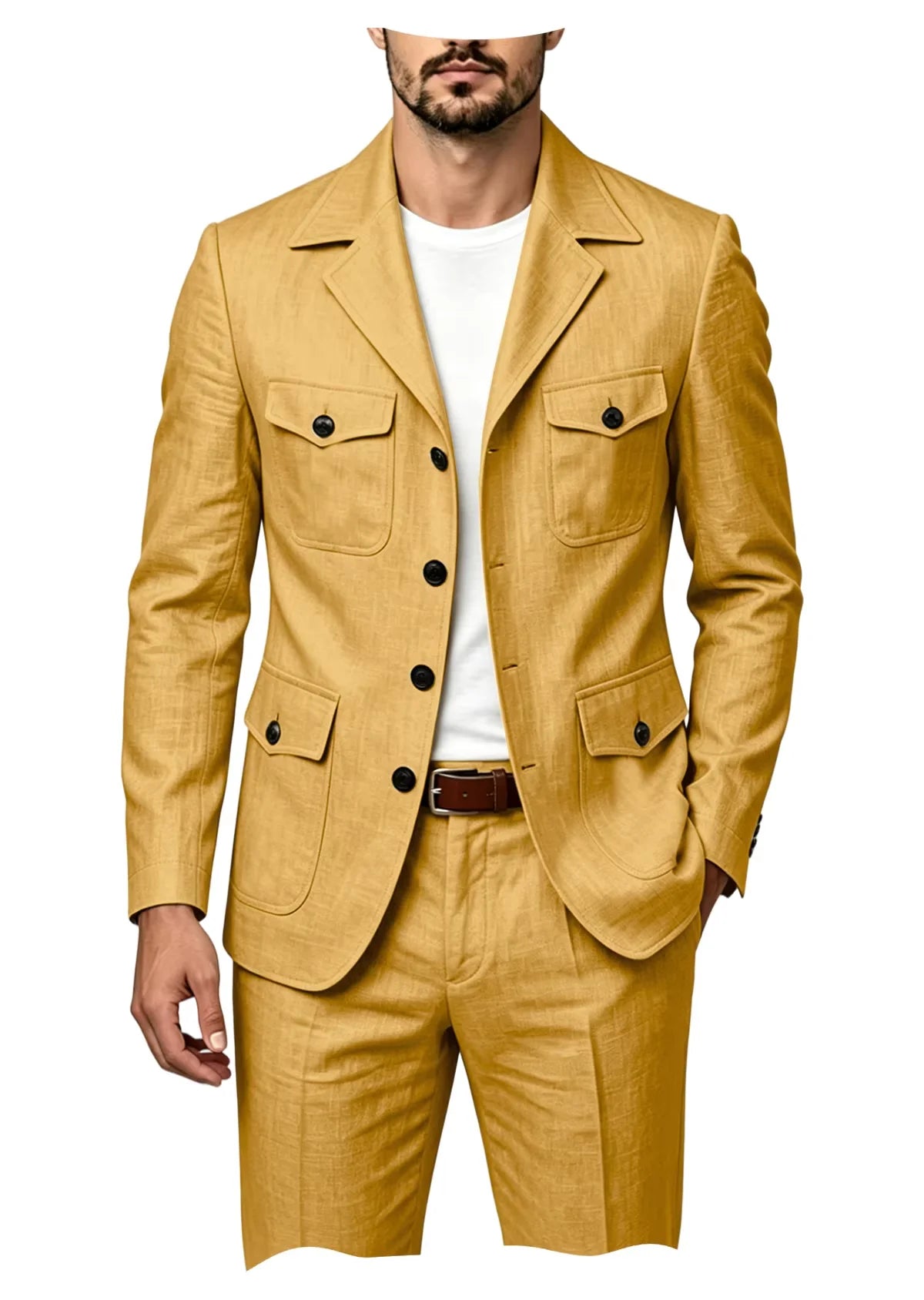 Men's Grey Linen Blend Suit 2 Piece Multi Pocket Peak Lapel Blazer pants Set Lightweight formal Suit for Summer Business Casual