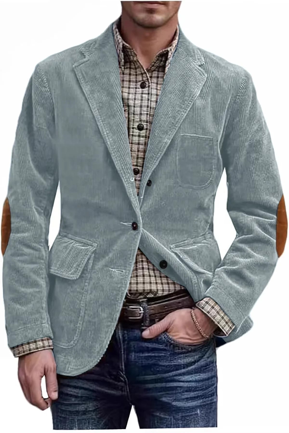 Men's Hunting Corduroy Blazer with Elbow Patches Vintage Tan Notched Lapel Casual Jacket British Slim Fit Daily Work Suit Coat
