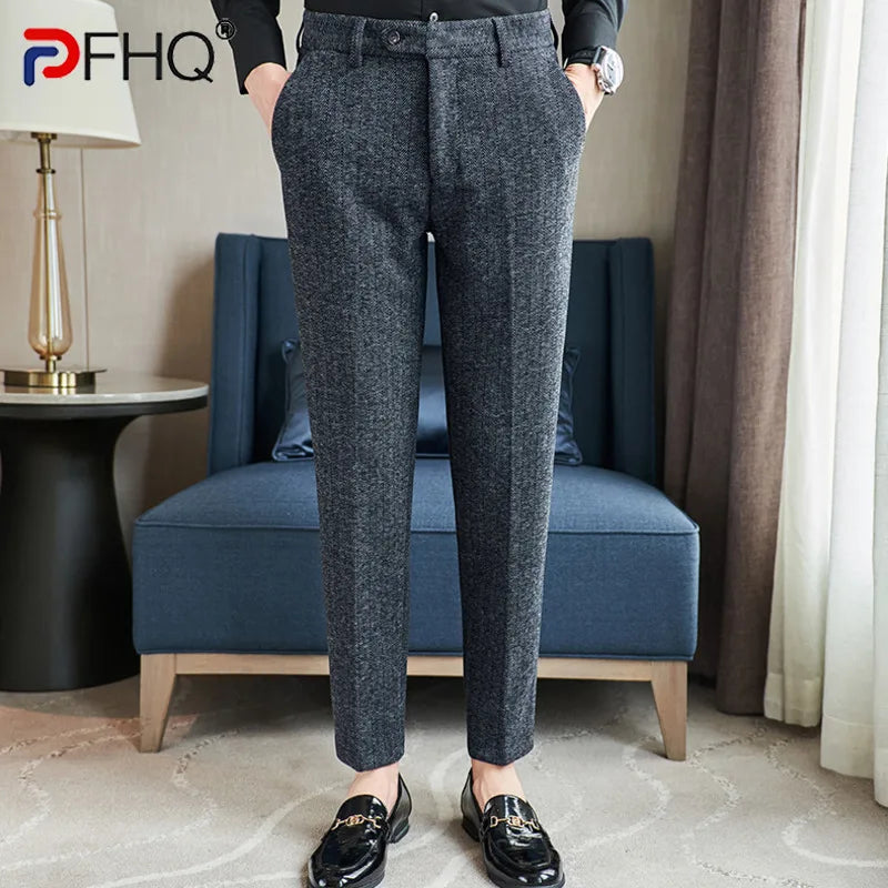 PFHQ Winter Men Woolen Suit Pants Casual 2024 Solid Color Korea Fashion Male Trousers Loose Business Autumn 21Z7520