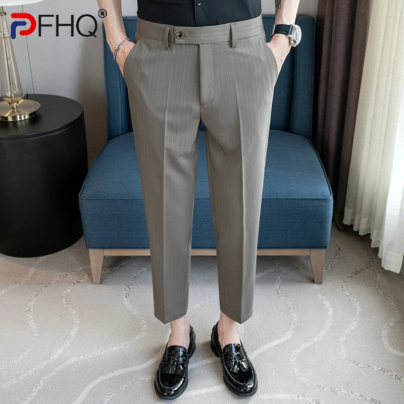 PFHQ Spring Autumn Slim Striped Trousers Solid Color 2024 Korea Fashion Casual Male Suit Pants Handsome Business 21Z7515