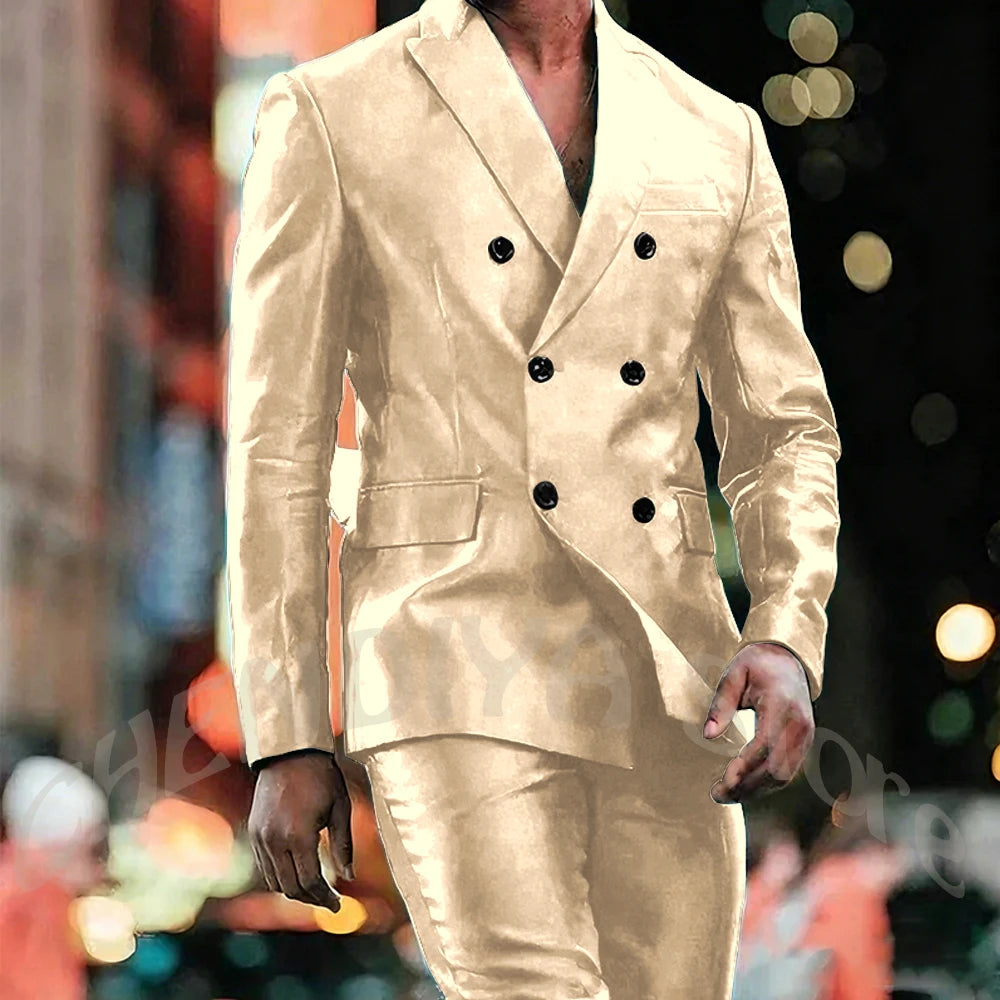 Elegant Satin Men Suit 2 Pieces Peaked Lapel Handsome Tailor-Made Custom Man Fashion Clothes Set Smart Casual Jacket Pants