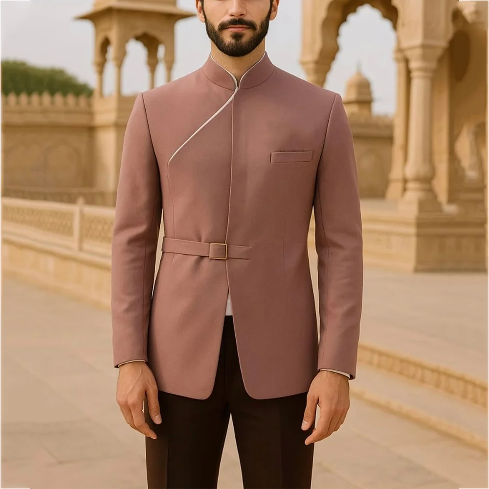 Slim Fit Men Suit Chic Stand Lapel Contrast Color Fashion Man Set Two Piece Jacket Pants Formal Party Prom Wedding Outfit