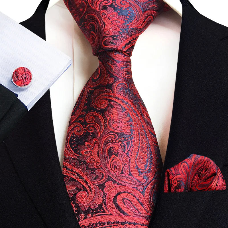 Royal Striped Paisley Ties For Men Luxury 8cm Necktie Pocket Square Cufflinks Gift Set Jacquard Weave Tie Suit Accessories