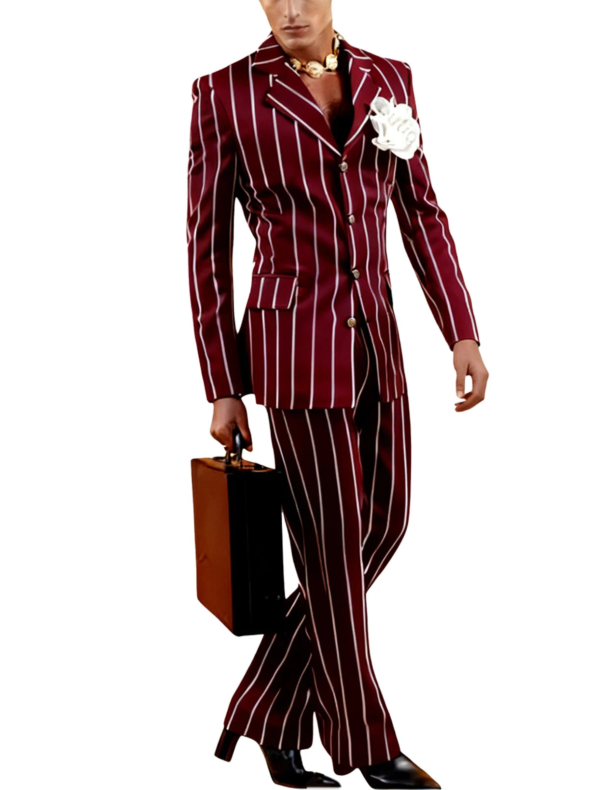 Men's Vintage Pinstripe 2 Piece Suit Set Double Breasted Peak Lapel Slim Fit Blazer Flared Pants Tuxedo For Wedding Prom