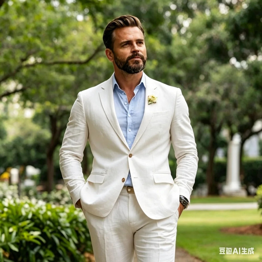 Beige Linen Men Suits 2 Pieces Summer Wedding Suits Slim Fit Casual Formal Blazer Pants Set For Groom Prom Party suit for men
