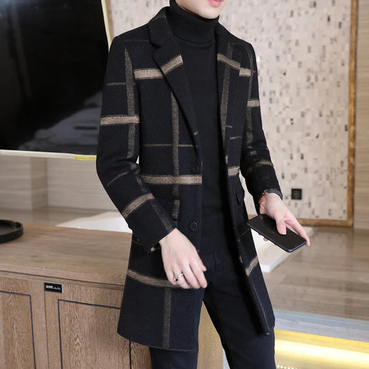 Woolen Coat Korean Version of Fashion Men's Mid-length 2023autumn and Winter New Slim-fit Coat Youth Business Casual Trench Coat