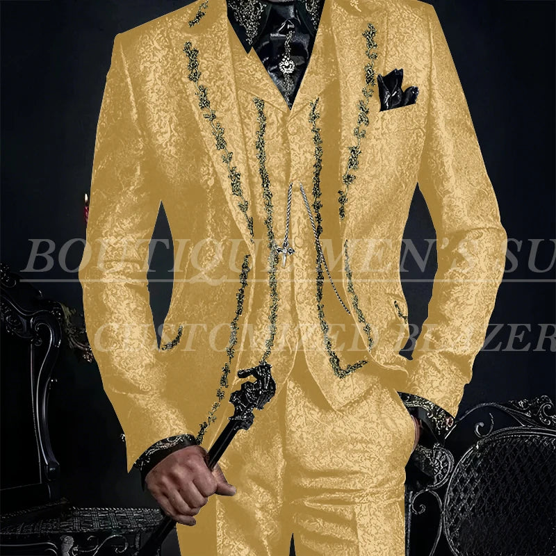 Elegant Black Jacquard Men Suits Embroidery Single Breasted Slim Fit 3 Piece Jacket Pants Vest Male Clothing Blazer Terno 2024