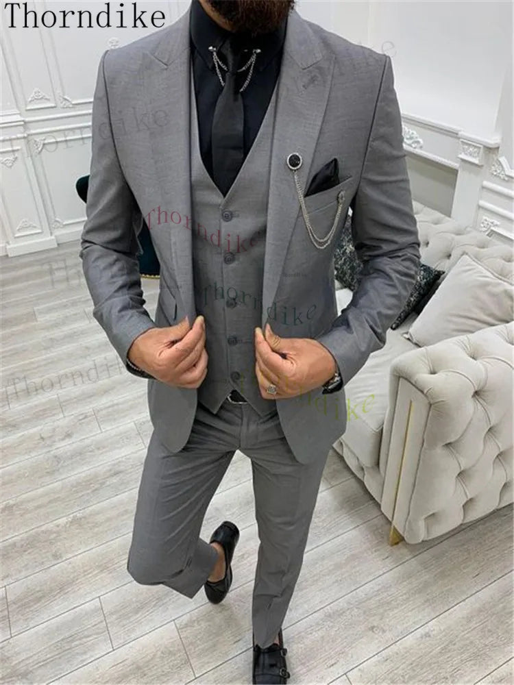 Tuxedo de casamento formal cinza clássico de Thorndike para cavalheiro baile masculino ternos slim fit 3 peças American Machine Moda Set Blazer