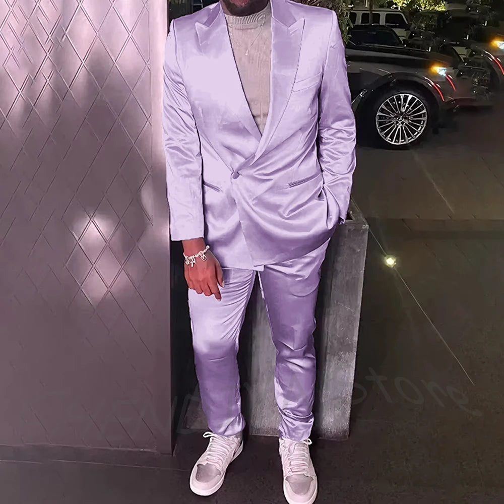 Silver Satin Men Suits 2 Piece Chic Peak Lapel Casual Daily Suit Single Button Formal Evening Party Tuxedo (Blazer+Pants)