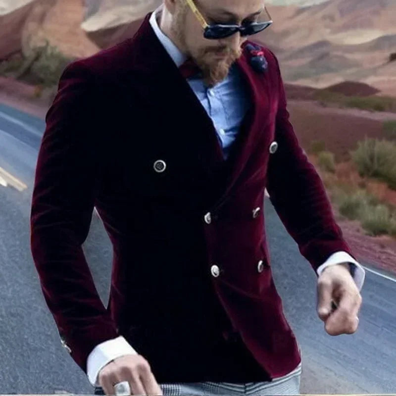 Burgundy Velvet Smoking Jacket For Men Slim Fit Double Breasted Casual Suit Blazer 1 Pcs Groom's Fashion Coat 2025