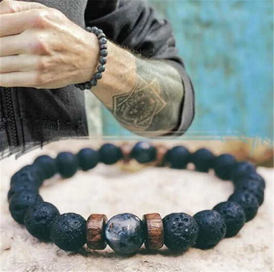 Pulseira de pedra vulcânica para homens lava miçangas de madeira pulseira tibetana buda wrist Chain masculino jóias presentes de jóias novas pulseiras