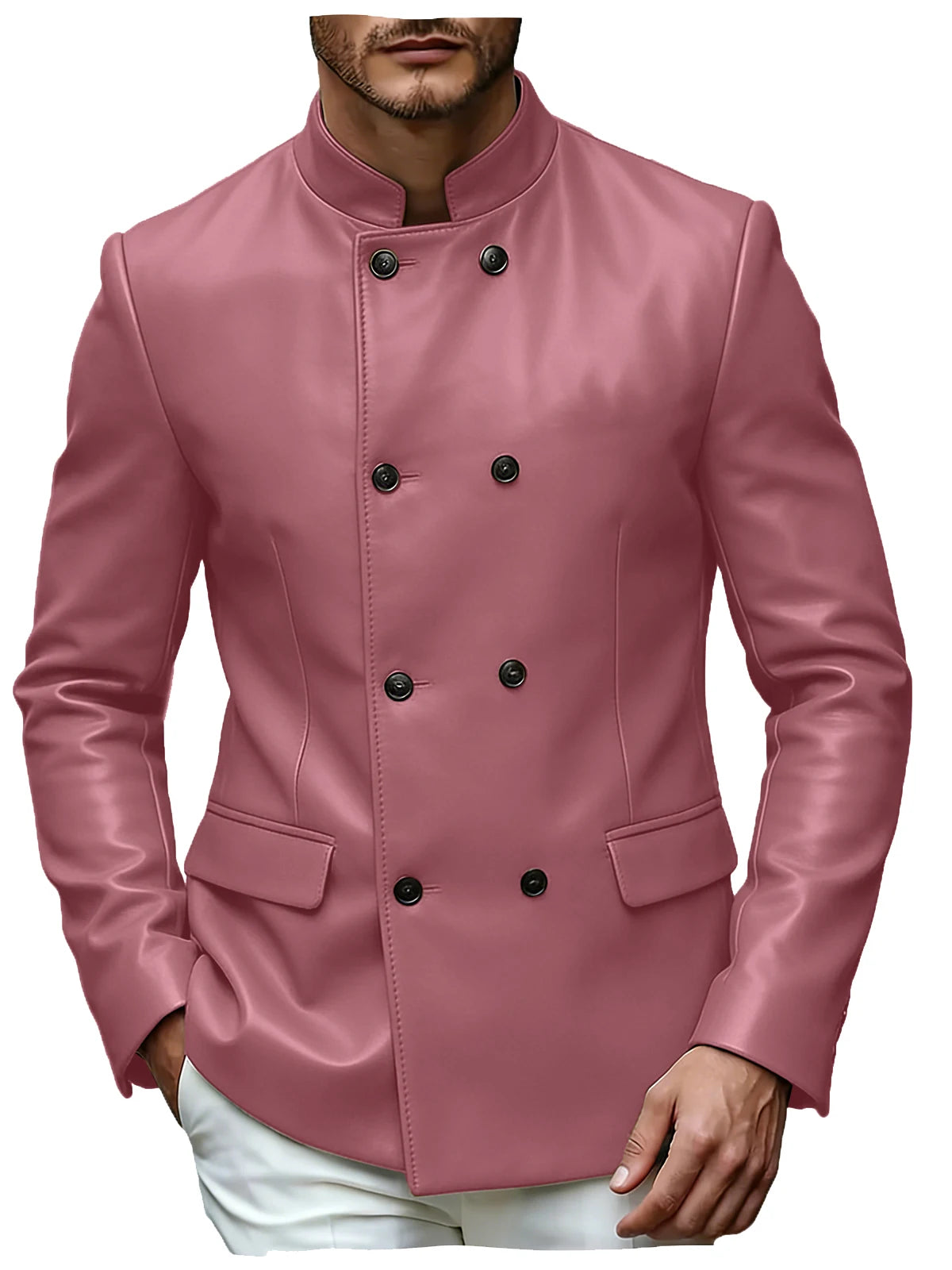 Men's Blazer Stand Collar Faux Leather Jacket High Quality Double Breasted Slim Fit Casual Coat For Business Office Outerwear