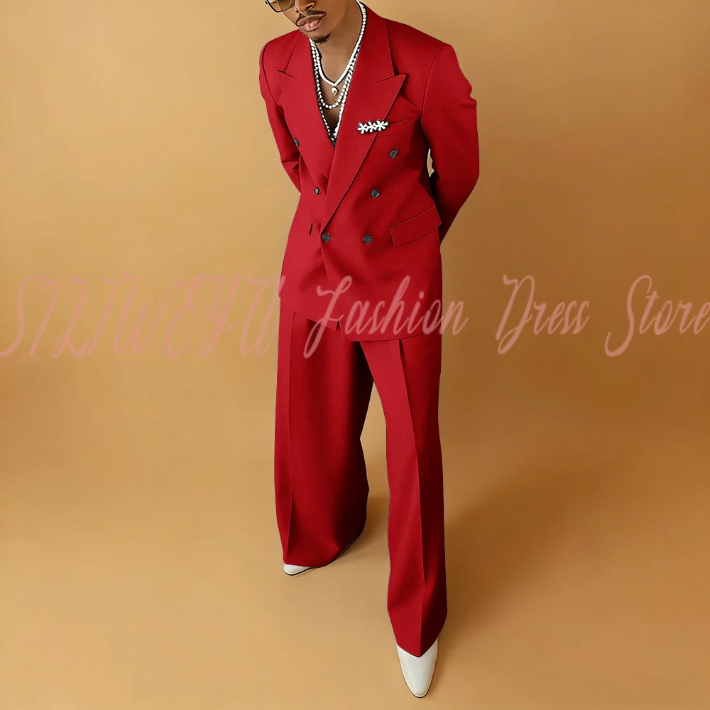Double Breasted Men Solid Color Suit 2 Pieces Jacket Pants Business Casual Social Party Male Clothing Best Man Costumes Hommes