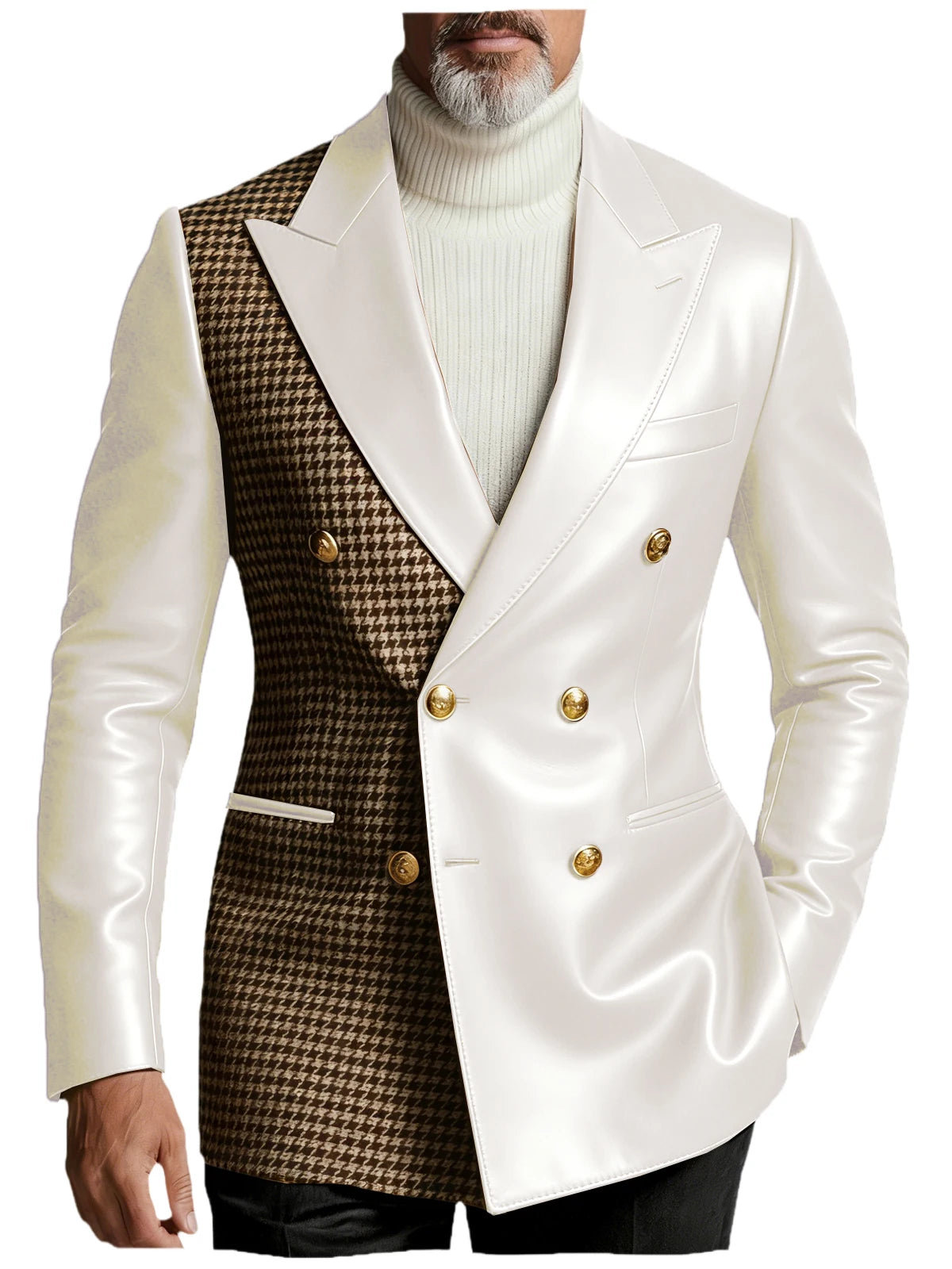 Men's Houndstooth Faux Leather Patchwork Blazer Jacket Double Breasted Peak Lapel Gold Button Slim Fit Suit For Business Casual