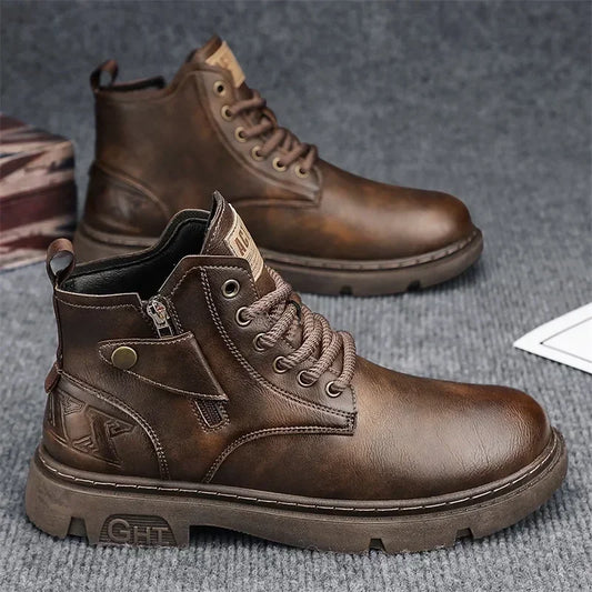 Men's Biker Boot Winter Outdoor Motorcycle Retro Style Leather Boots Man High Top Casual Shoes Trendy All-match Wear-resistant88