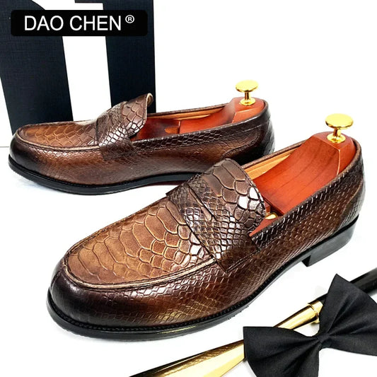 LUXURY MEN LEATHER SHOES BLACK COFFEE SLIP ON SNAKE PRINT DRESS MEN'S CASUAL SHOES WEDDING OFFICE BANQUET Loafers Shoes For Men