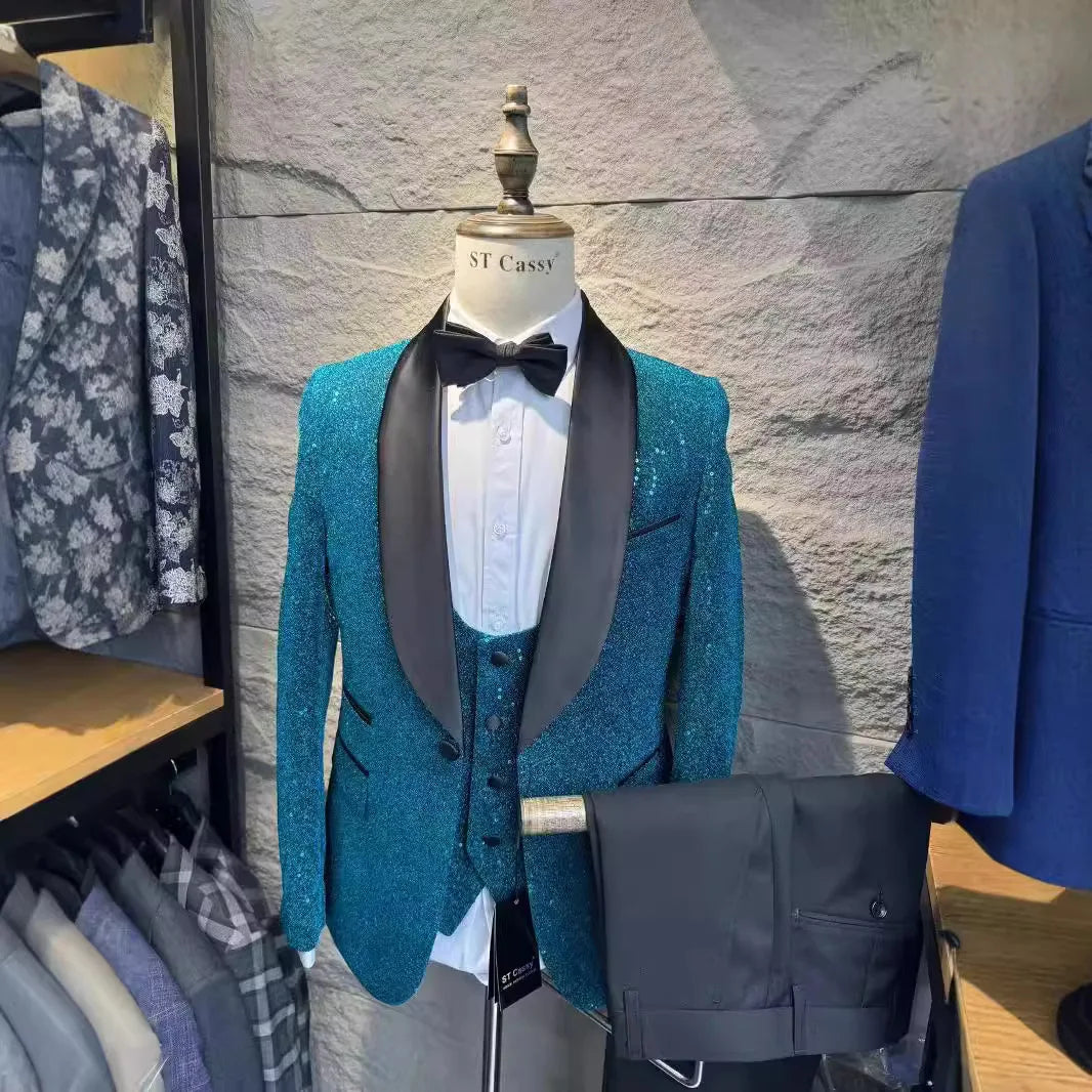 2024 Men's Wedding Floral Jacquard Tuxedo Suit Slim Fit Navy Blue Jacket and Tank Top Pants 3-piece Men's Outfit