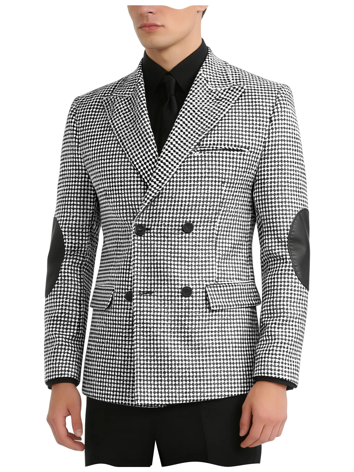 Men's Houndstooth Double Breasted Blazer with Leather Elbow Patches Peak Lapel Sport Coat Formal Business Wedding Suit Jacket