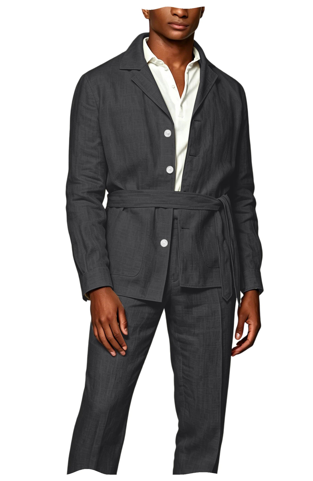 Men's Linen Belted Suit 2 Piece Set Casual Breathable Blazer & Pants Summer Lightweight Business Casual Outfit for Wedding Beach