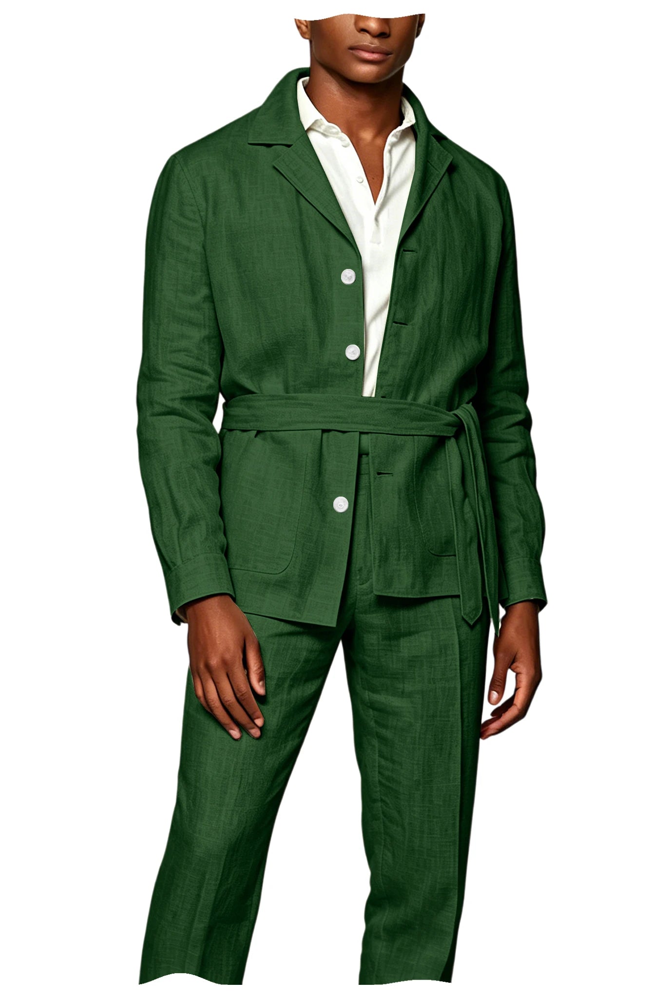 Men's Linen Belted Suit 2 Piece Set Casual Breathable Blazer & Pants Summer Lightweight Business Casual Outfit for Wedding Beach