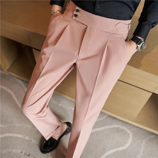 British Style Men High Waist Casual Dress Pant Men Belt Design Pink Trousers Formal Office Social Wedding Party Dress Suit Pants