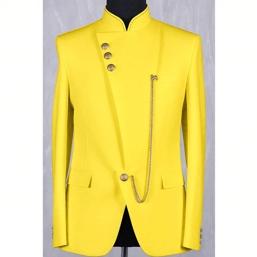 High Quality Blue Men Suit Casusl Blazer Single Breasted Stand Collar African Slim Fit Modern Style Outfits Jacket Pants