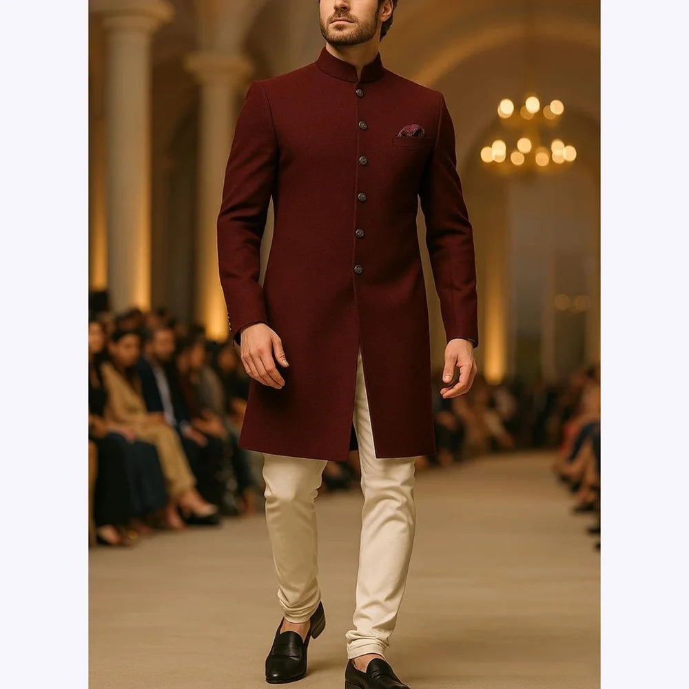 Slim Fit Men Suits Classic Single Breasted Long Jacket Pants Fashion Outfit Stand Collar High Quality Male Suit Set 2 Piece