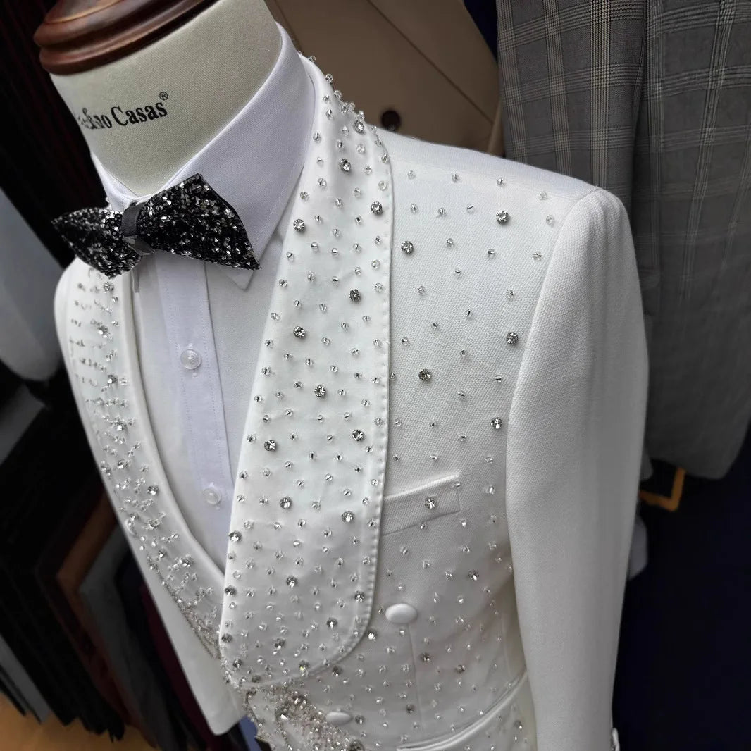 Luxury Shiny Diamond Double Breasted Men Suits Groom Wedding Party Tuxedos Custom Made Fashion Male Blazers Costumes Homme