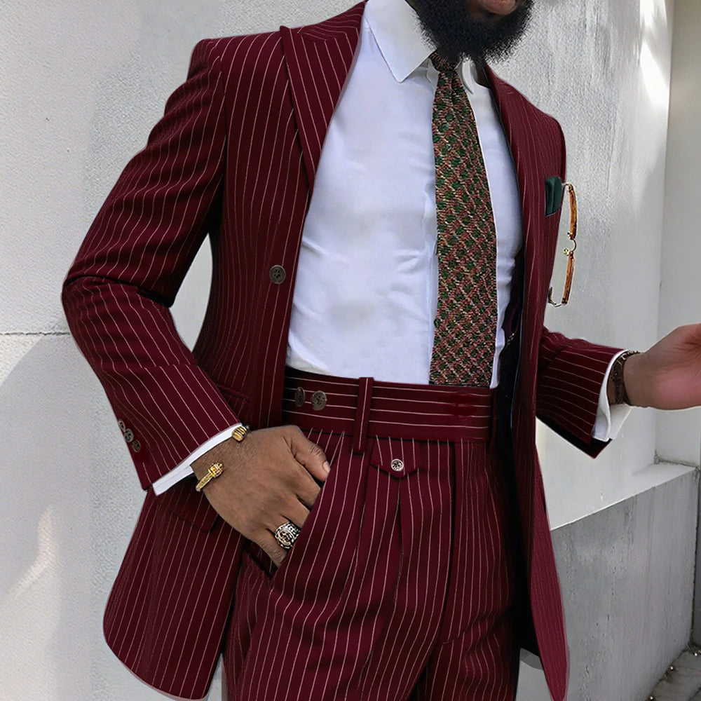 Brown Stripe Men Suits 2 Piece Chic Double Breasted Business Casual Outfits Fashion Peak Lapel Wedding Tuxedo (Jacket+Pants)